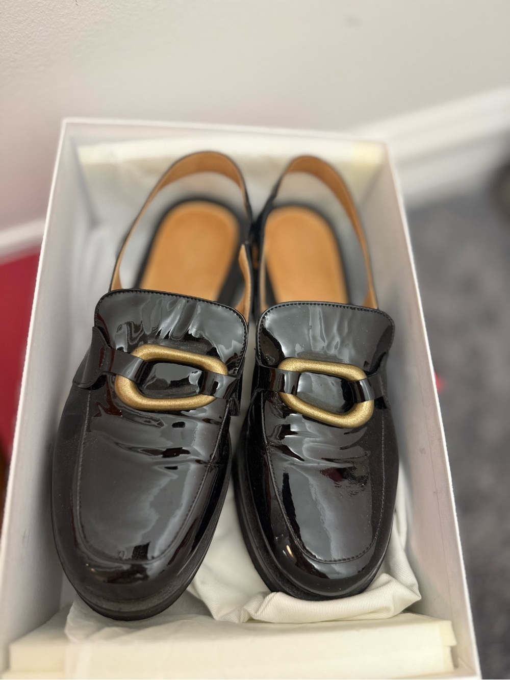 Frame  Black Patent Loafers with Gold Buckle